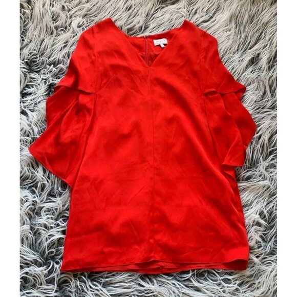 Milly Designer Dress Made in USA S‎ Red Silk Blend Stretch V-Neck Flutter Sleeve - Picture 1 of 6